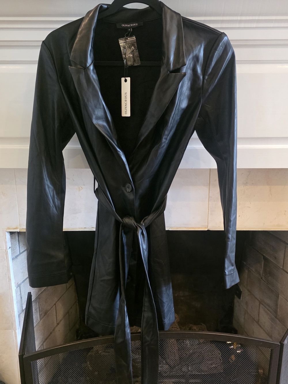 Olivaceous Black Faux Leather Belted Trench Jacket